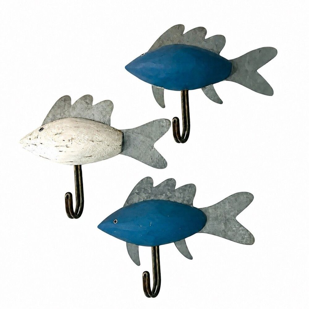Carved Wood & Metal 5" Fish Wall Hooks Set of 3 Coastal Beach Nautical Decor